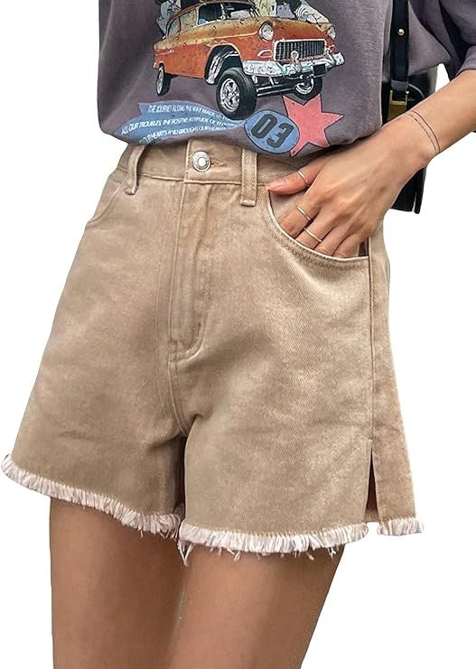 MakeMeChic Women's Wide Leg Denim Shorts High Waisted Split Frayed Hem Jean Shorts | Amazon (US)