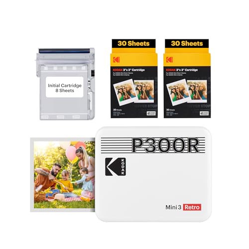 KODAK Mini 3 Retro 4PASS Portable Photo Printer (3x3 inches) Initial 8 Sheets + 60 Sheets Bundle, White | Amazon (US)