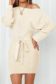 MEROKEETY Women's Off Shoulder Batwing Sleeve Sweater Dress Ribbed Knit Bodycon Mini Dresses with... | Amazon (US)