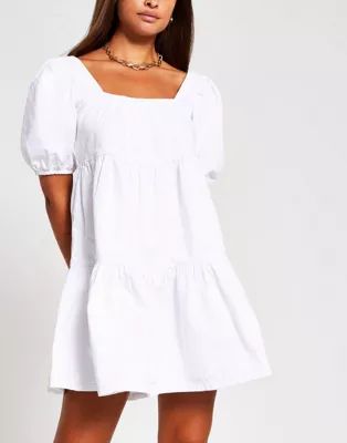 River Island puff sleeve smock tiered mini dress in white | ASOS (Global)