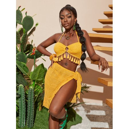 VEDAXIN Boho Women s O ring Ruched Bust Tassel Hem Crop Halter Top Wrap Knot Skirt Set Yellow | Walmart (US)
