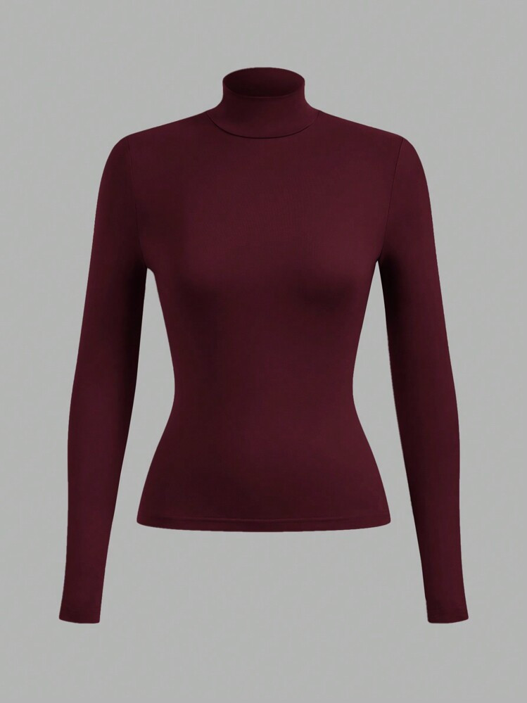 Fluxe Women's Regular Fit Solid Color Knit Long Sleeve Crew Neck T-Shirt Tight Tops Stand Collar Top | SHEIN