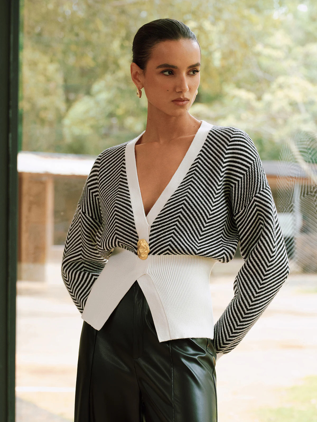 Metal Detail Chevron Knit Cardigan | Commense