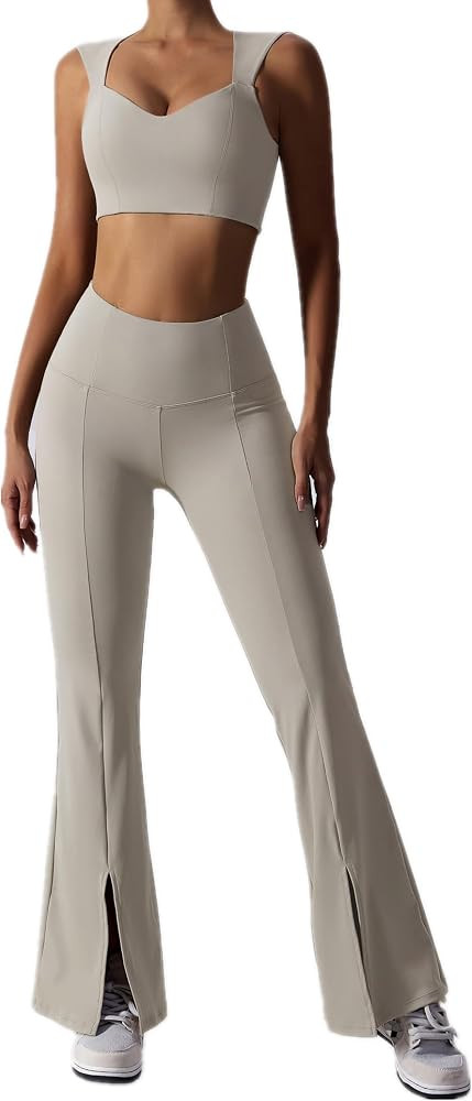 ABOCIW Workout Sets for Women 2 Piece High Waist Flared Leggings Slit Hem V Neck Sports Bra Gym Y... | Amazon (US)