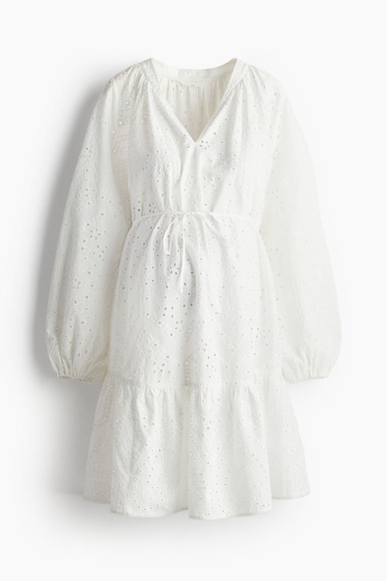 MAMA Dress with Eyelet Embroidery - V-neck - Long sleeve - White - Ladies | H&M US | H&M (US + CA)