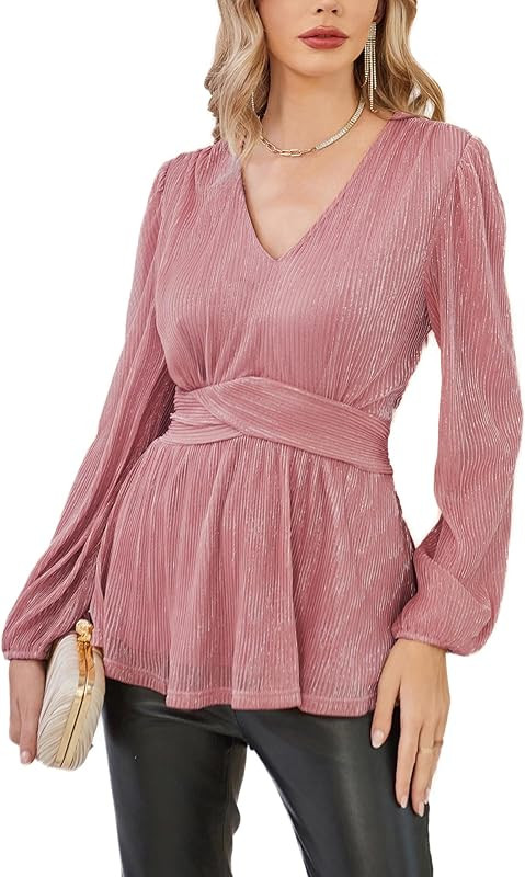Women's Sequin Tops V-Neck Waist Pleat Blouse Lantern Sleeves Sparkly Peplum Tops | Amazon (US)