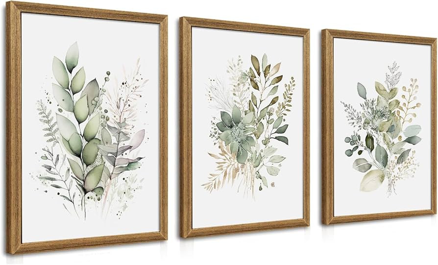 WRFON Framed Watercolor Botanical Wall Art Set of 3 Boho Sage Green Wildflower Canvas Wall Art Pr... | Amazon (US)