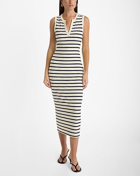 Striped Ribbed Henley Sleeveless Midi Sheath Dress | Express