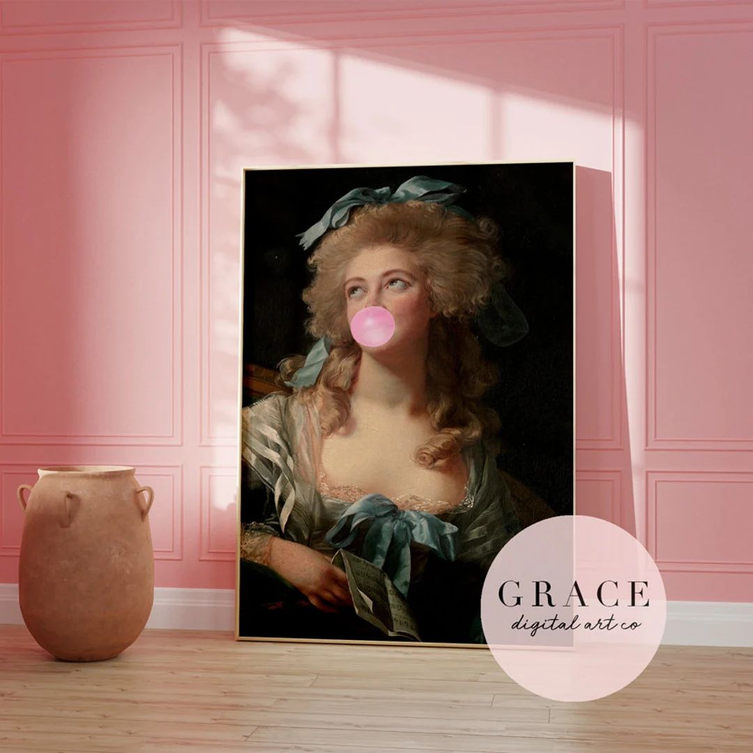 bubble gum portrait print | altered art | printable poster | vintage portrait | pink wall art | b... | Etsy (US)