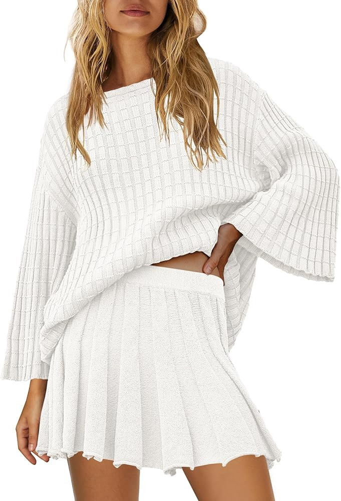 Yanekop Womens 2 Piece Sweater Skirt Set Loose Matching Lounge Sets Comfy Pajamas Set Long Sleeve... | Amazon (US)