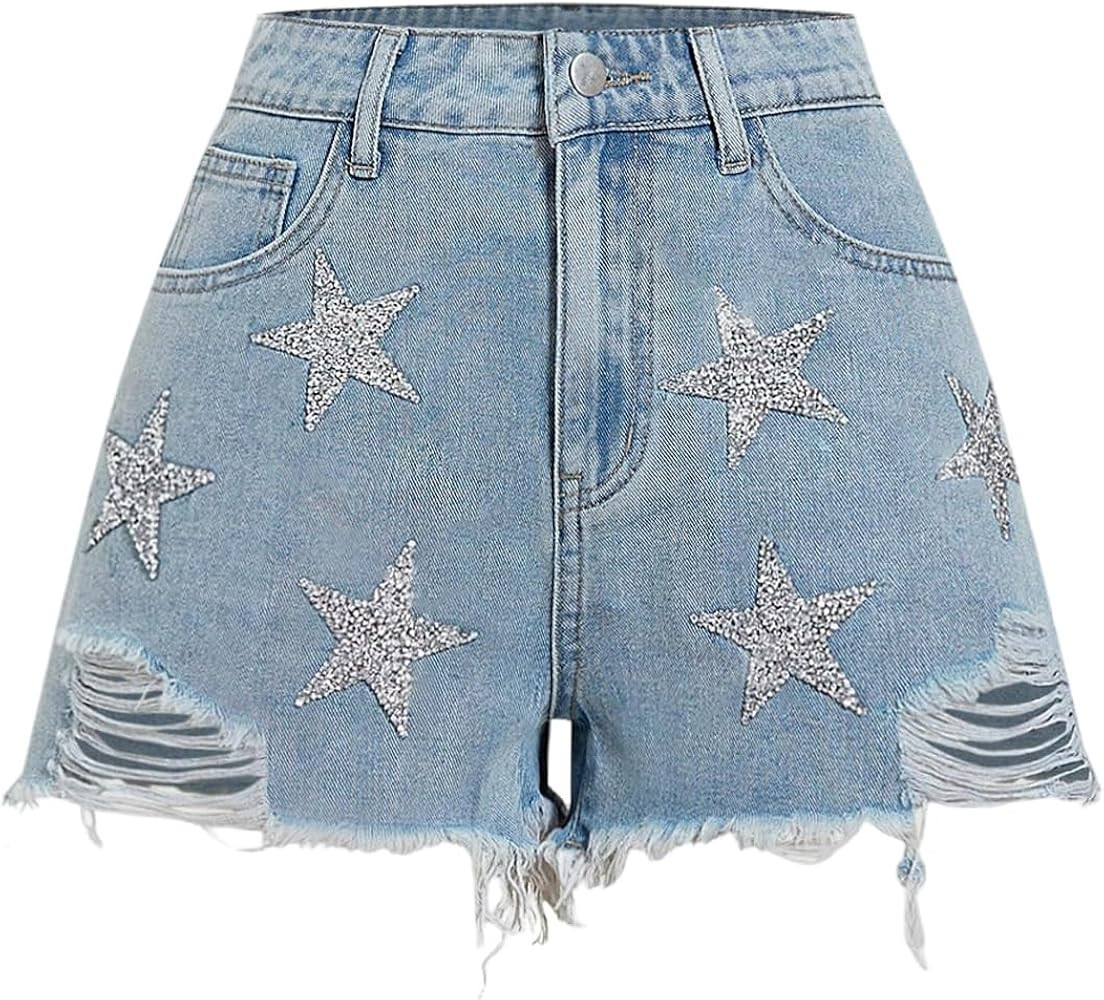 Floerns Women's Y2k Denim Shorts Sparkly Star Ripped Raw Hem Club Jean Shorts | Amazon (US)