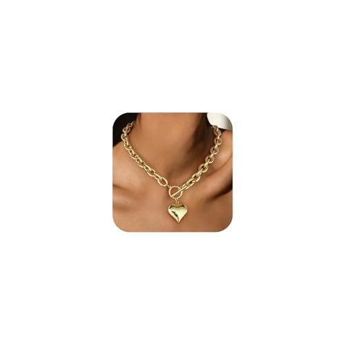 ENSKEFEN Polished Gold Heart Pendant Necklaces for Women Statement Chunky Chain Necklace OT Toggle Clasp Big Puffy Heart Collar Choker Necklace | Amazon (US)
