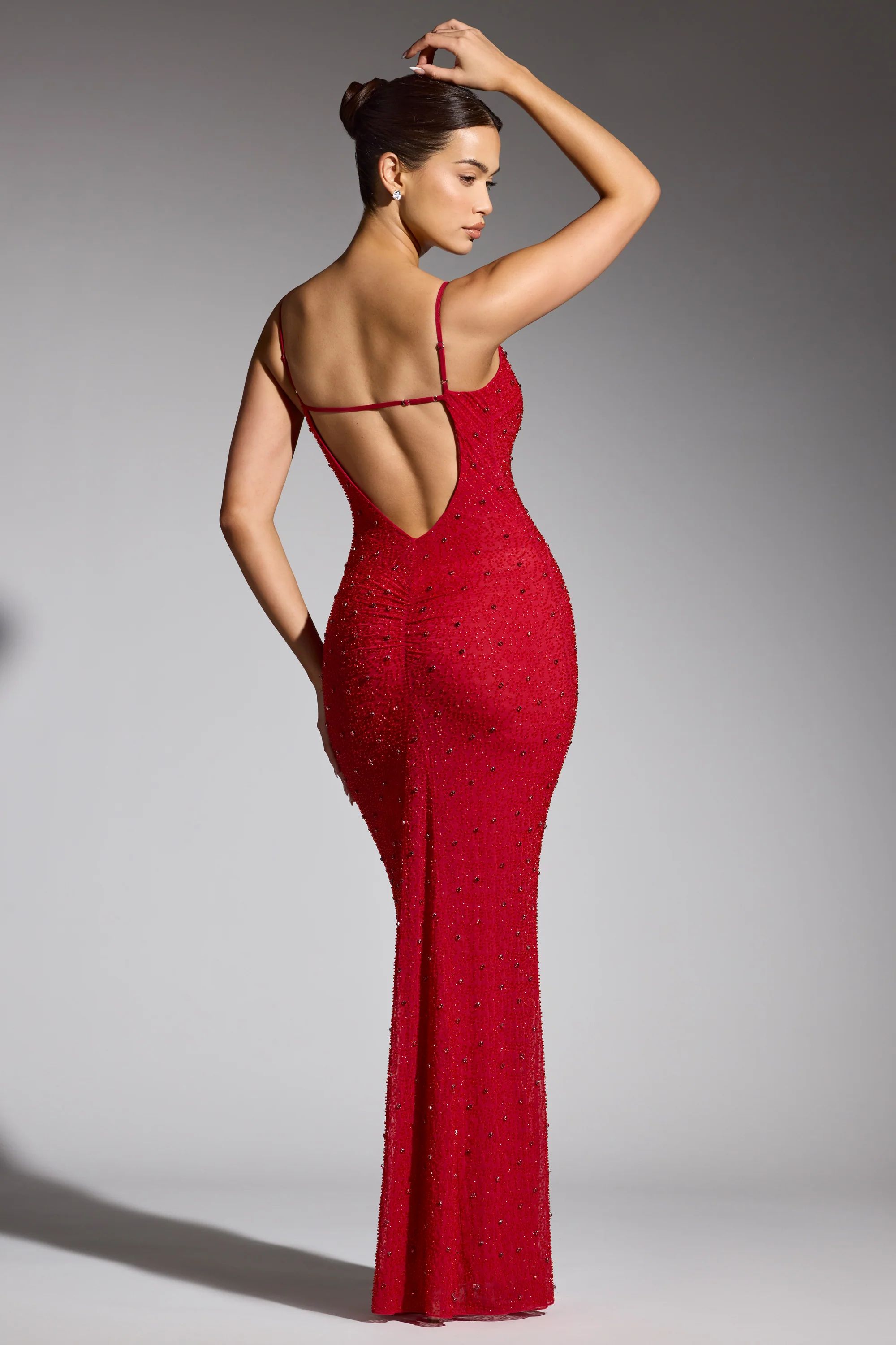 Embellished Plunge Neck Evening Gown in Red | Oh Polly