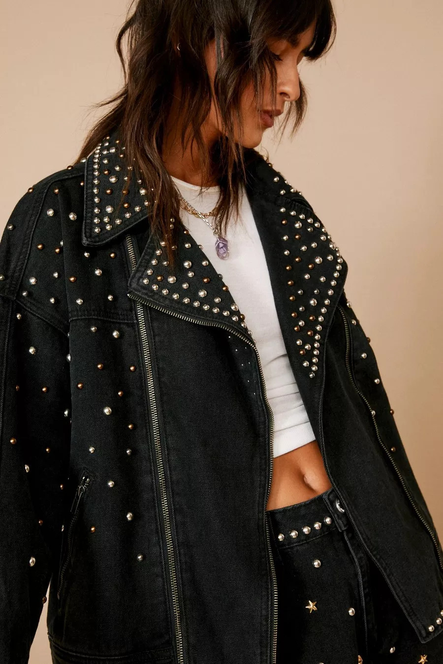 Premium Embellished Studded Denim Moto Jacket | Nasty Gal US