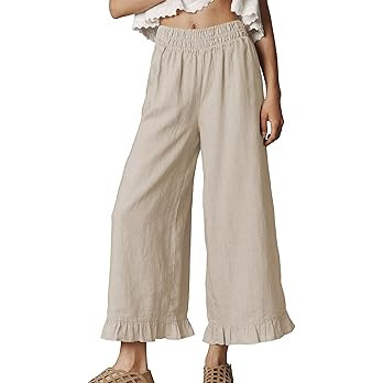 Women's Cotton Linen Wide Leg Pants Summer Casual High Waist Ruffle Hem Cropped Trousers with Poc... | Amazon (US)