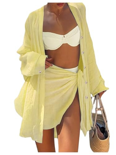 Milumia 2 Piece Beach Cover Up Swimsuit Coverups Button Blouse and Tie Knot Pareo Skirt Yellow Medium | Amazon (US)