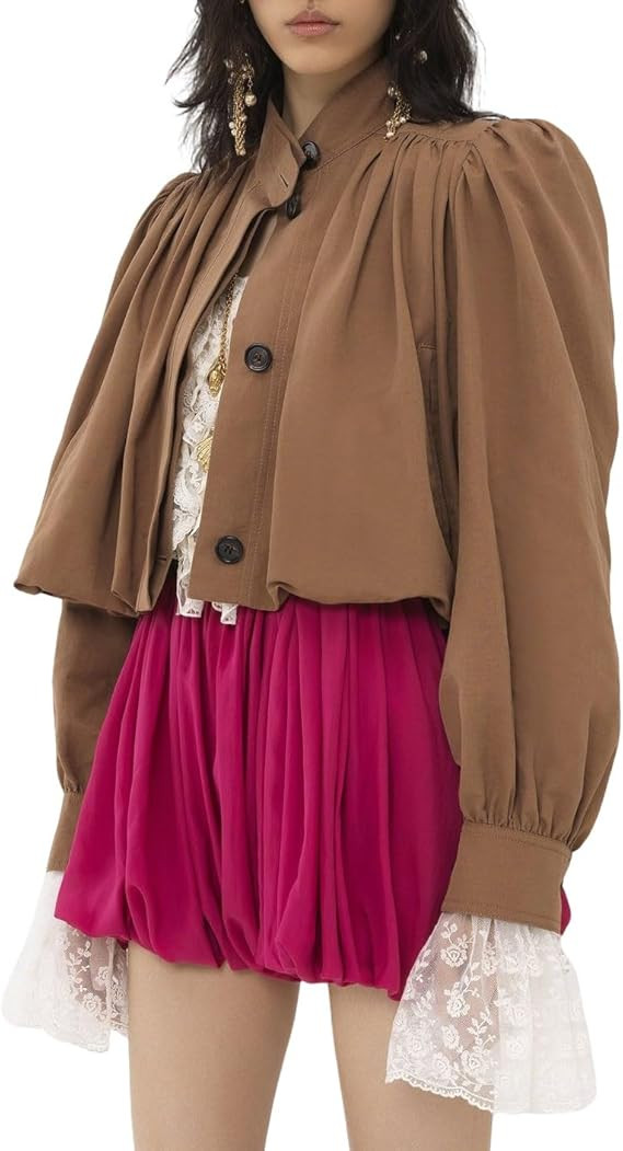 CHARTOU Women Fall Pleated Cropped Jacket Coat Stand Collar Single Breasted Puff Sleeve Trench Ou... | Amazon (US)