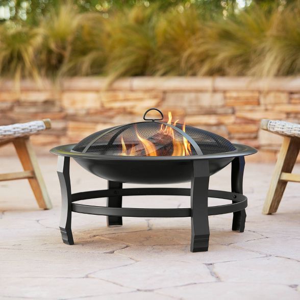 John Timberland Black Outdoor Fire Pit Round 30" Steel Wood Burning with Spark Screen and Fire Po... | Target