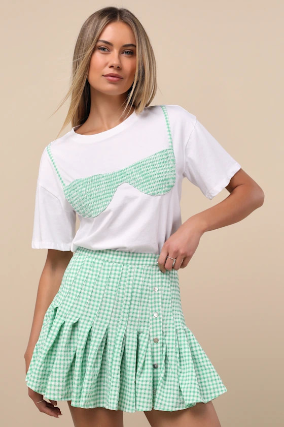 Natalia Green Gingham Pleated Mini Skirt | Lulus