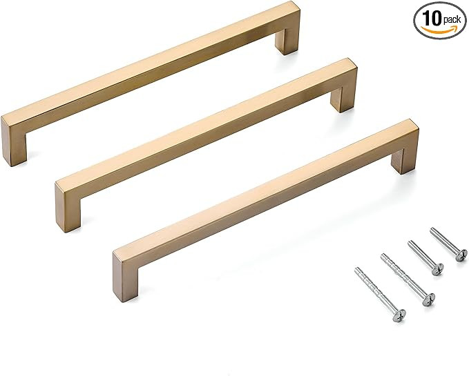 10 Pack 8 Inch Hole Center Champagne Cabinet Pulls Stainless Steel Square Drawer Handles for Bath... | Amazon (US)