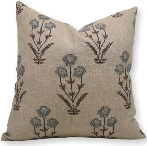 Handloom Block Floral Print Thick Linen Throw Pillow Cover 18x18 Inch Decorative Cushion Cover fo... | Amazon (US)