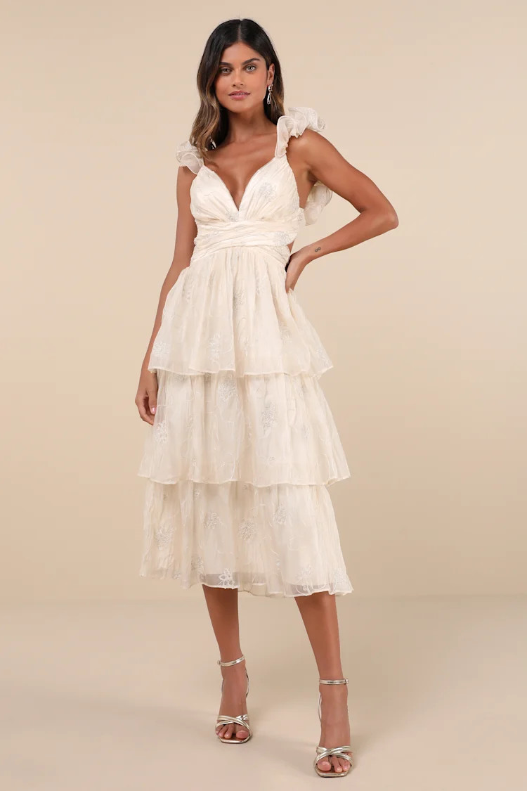 Whimsical Aura Champagne Embroidered Ruffled Lace-Up Maxi Dress | Lulus