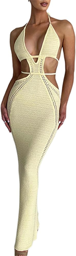 Women Sexy V Neck Bodycon Sweater Dress Knitted Halter Backless Hollow Out Waist Maxi Dress Party... | Amazon (US)