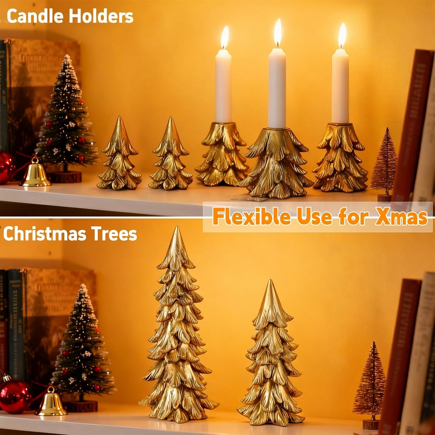 Christmas Table Decorations, Vintage Xmas Golden Resin Tree Candle Holders Set, Combined into Gol... | Amazon (US)