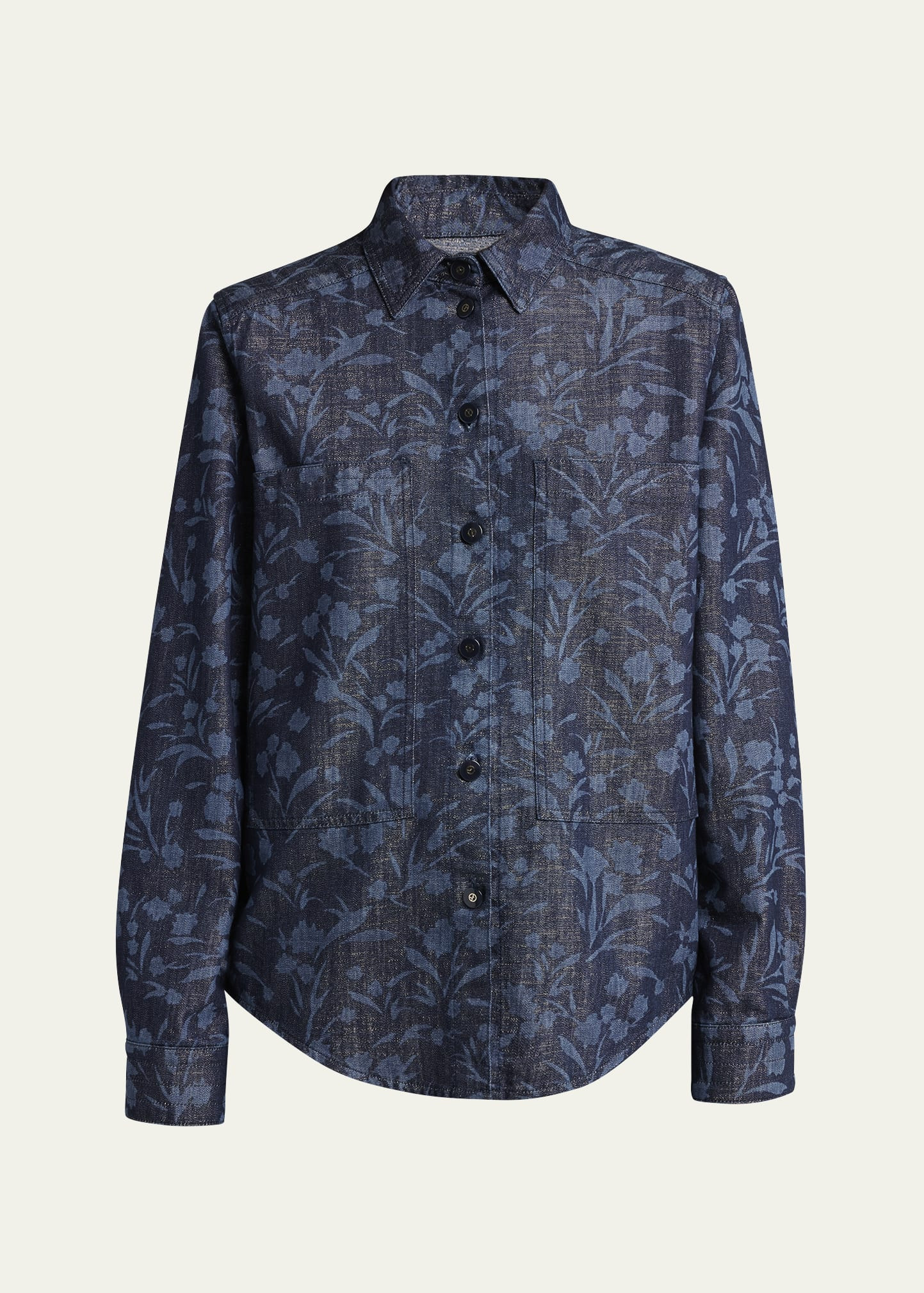 Giorgio Armani Shiny Denim Floral Print Button-Front Shirt | Bergdorf Goodman