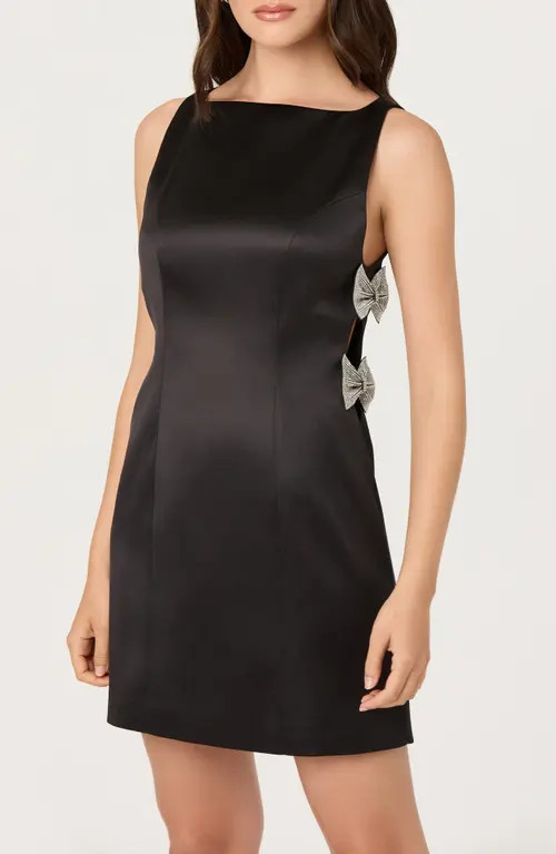 ASTR the Label Kinsey Embellished Bow Satin Minidress in Black at Nordstrom, Size Small | Nordstrom