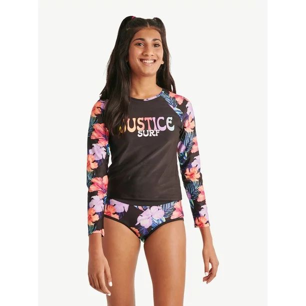 Justice Girls Long Sleeve Rashgaurd Swimsuit Set, Sizes 5-19 | Walmart (US)
