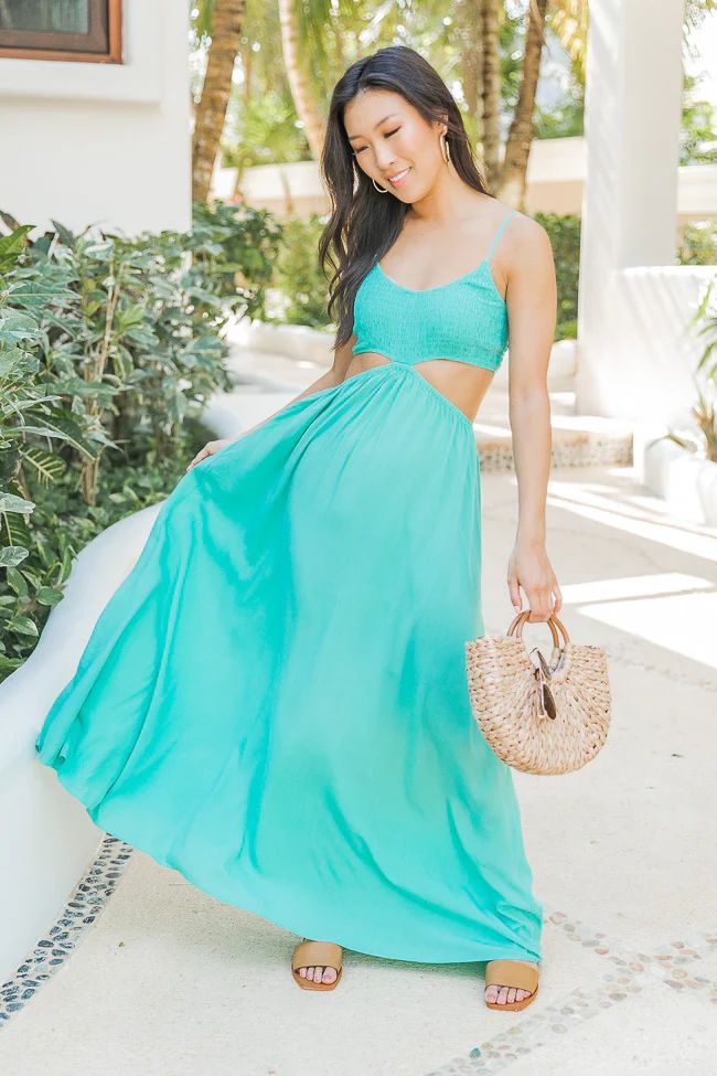Modern Ideas Teal Smocked Cutout Maxi Dress | The Pink Lily Boutique