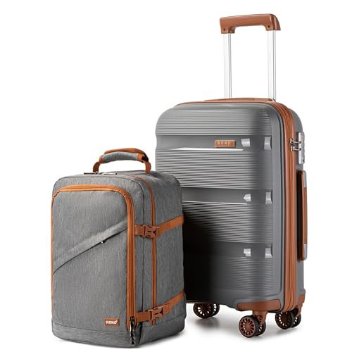 Kono Luggage Sets 2 Piece Hard Shell Polypropylene Travel Trolley with 4 Spinner Wheels TSA Lock Carry On Hand Cabin Suitcase with Backpack (Grey/Brown, 21 inch) | Amazon (US)
