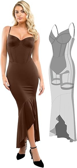 Popilush Corset Dress Built in Shapewear - Mermaid Dress for Women Deep V Neck Maxi Slip Bridesmaid  | Amazon (US)