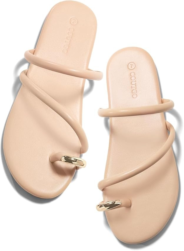 Coutgo Womens Strappy Flat Sandals Square Open Toe Flip Flops Slides Toe Ring Metal Summer Dress ... | Amazon (US)