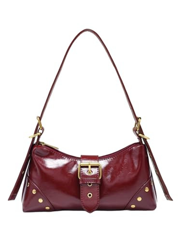 QWINEE Women's Vintage Buckle Shoulder Bag Y2K Punk PU Leather Handbag Clutch Purse Burgundy One Size | Amazon (US)