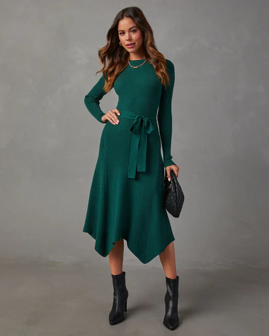Lia Asymmetrical Hem Tie Waist Midi Sweater Dress | VICI