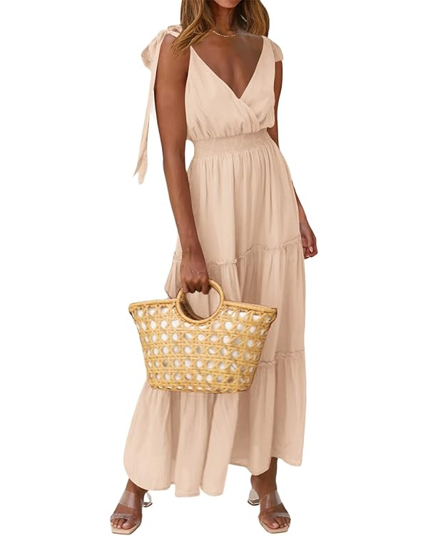 PRETTYGARDEN Women's Cross Neck Summer Sleeveless Tiered Maxi Dress Beach Tie Strap Smocked Long ... | Amazon (US)