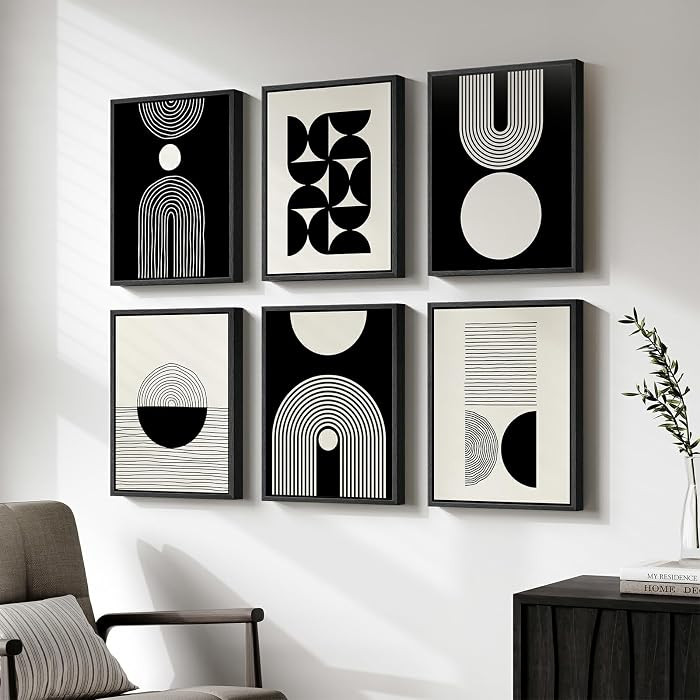 Juego de 6 lienzos abstractos modernos con marco de madera, impresiones minimalistas en blanco y ... | Amazon (US)