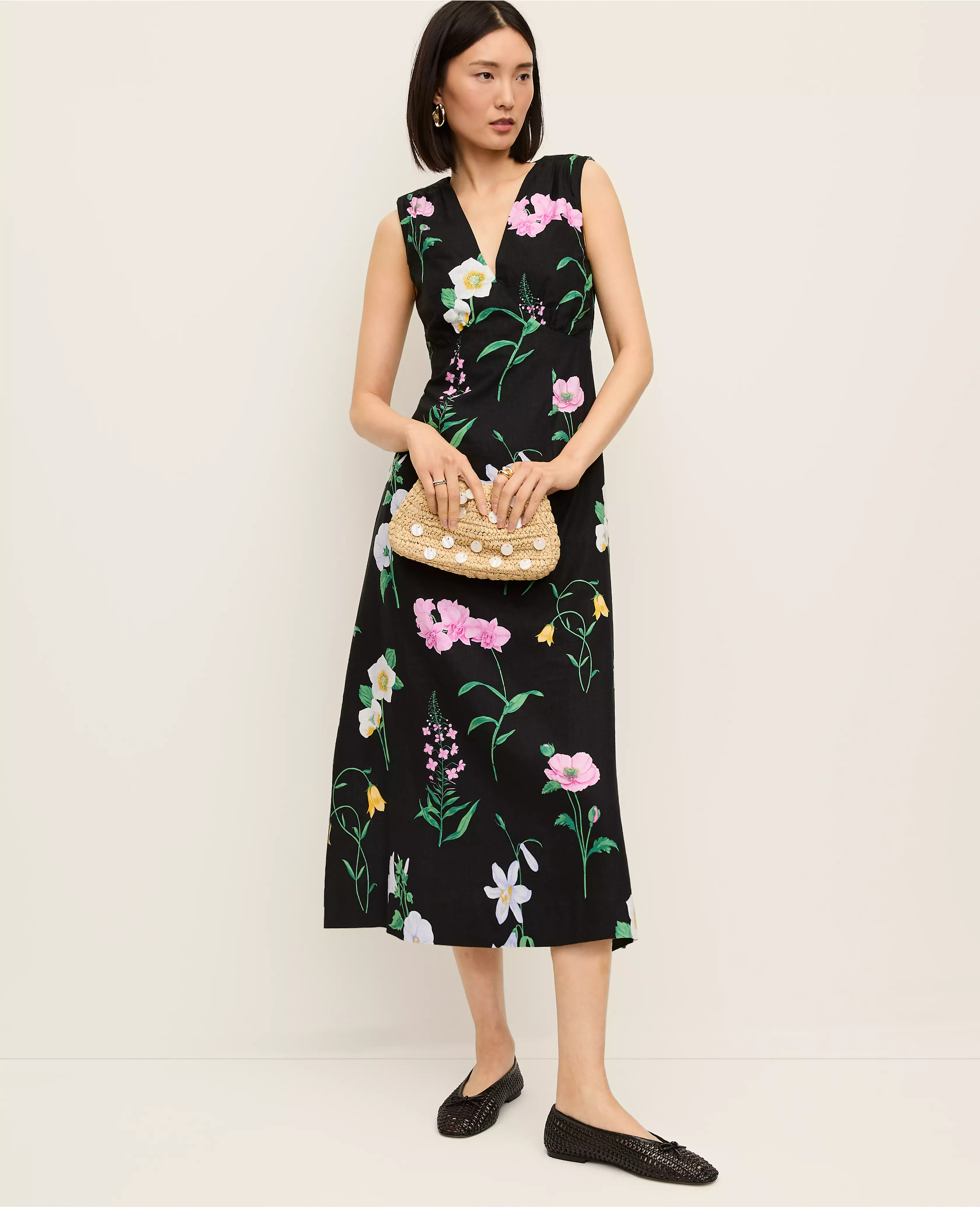 Floral Linen Blend Midi Dress | Ann Taylor