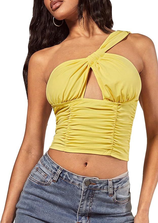 OYOANGLE Women's Cut Out One Shoulder Ruched Sleeveless Tank Top Solid Slim Fit Cropped Tops | Amazon (US)
