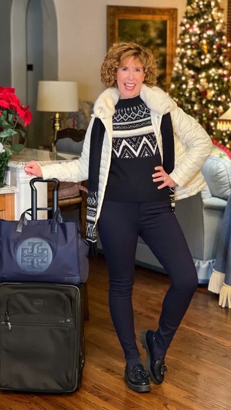 Holiday travel look, Fair isle sweater, down puffer, cream puffer, off white puffer, navy blue pants, navy blue shoes, lug sole loafers, patent loafers, patent shoes, travel tote

Everything I’m wearing is 40% off right now! This travel look is perfect for my trip to chilly Chicago today. I’m wearing navy blue tights underneath for extra warmth!

#LTKsalealert #LTKSeasonal #LTKtravel