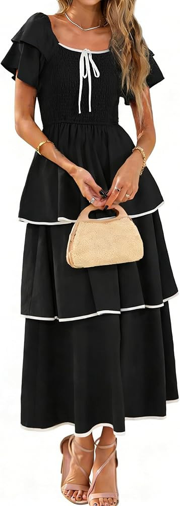 BerryGo Womens Summer Flowy Wedding Guest Long Dress Smocked Tiered Boho Casual Short Sleeve Squa... | Amazon (US)