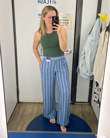 These linen pants are on sale for $14 a day! I think the stripe and the thinner blue stripe. They also have give a PJ pants look without being actual PJ pants. If you’re interested in trying that trend, this is a great way to do it!