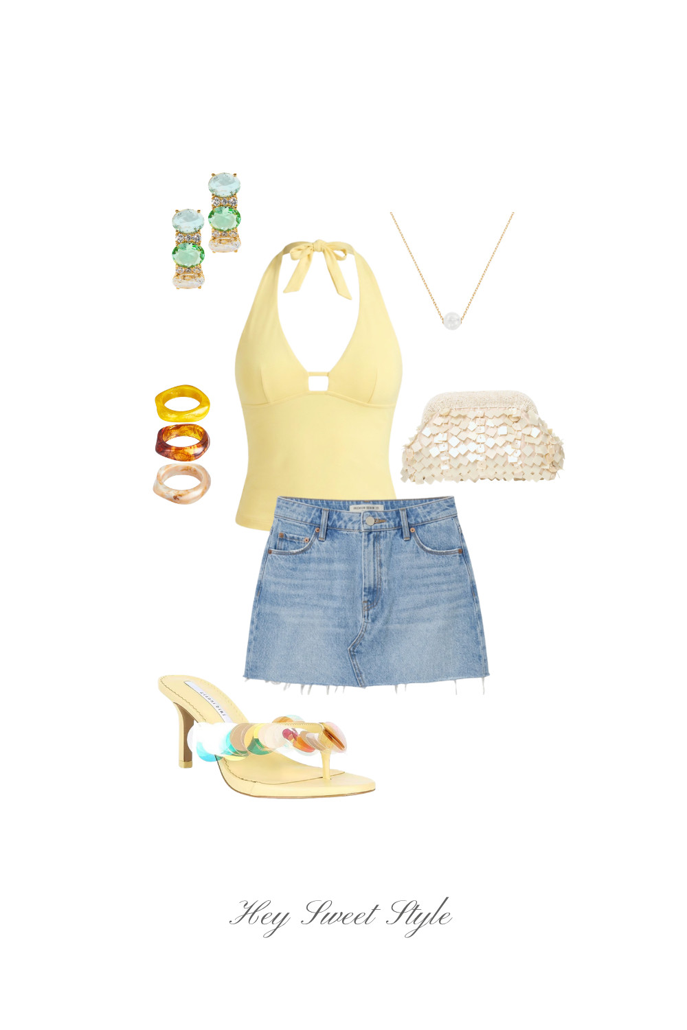 Summer Going Out Outfit: Yellow Halter + Denim Mini Skirt ★ 

 