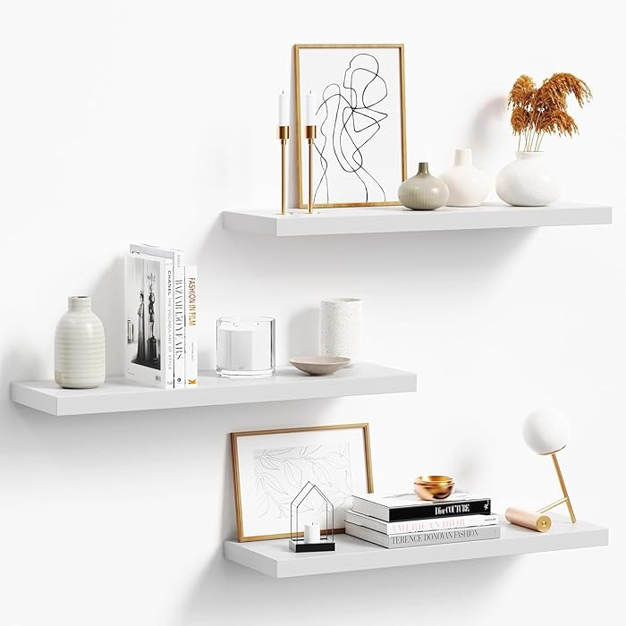 3-Pack 24" White Modern Wooden Floating Shelves, Wall Mounted, Set of 3, 6.7" W x 24" L x 1" H, 2... | Amazon (US)
