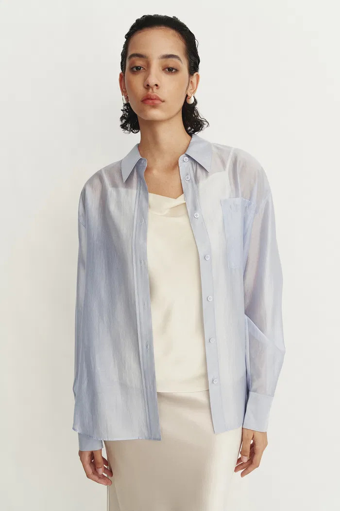 Bella Blue Sheer Button-Up Shirt in Organza | Fabrique