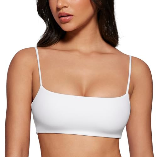 INGIA Women's Square Neck Sports Bra Spaghetti Strap Padded Cami Yoga Wireless Square Back Workout Bra Crop Top White Small | Amazon (US)