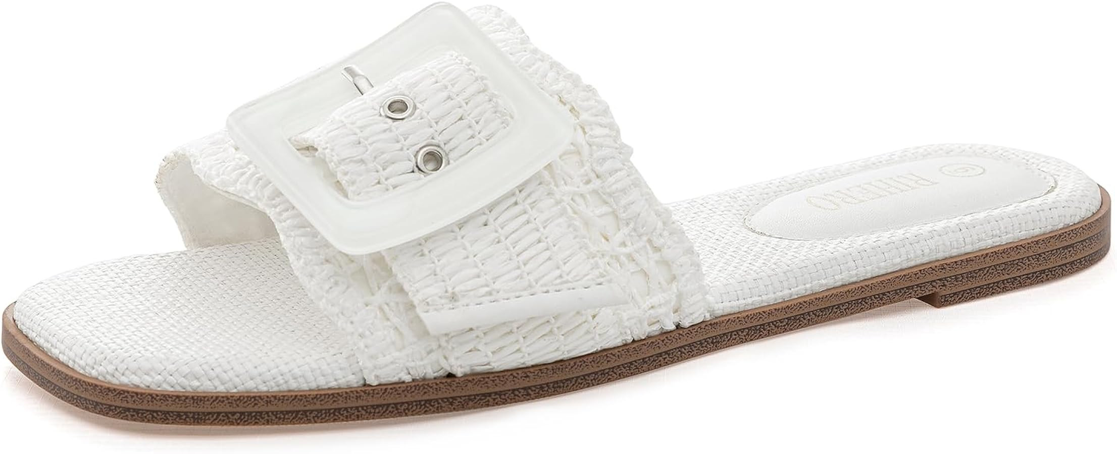 Rihero Women's Raffia Flat Sandals Square Open Toe Summer Beach Slip On Woven Buckle Slide Sandal... | Amazon (US)
