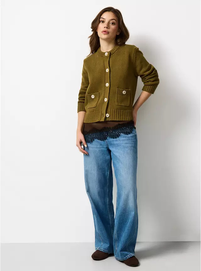 Khaki Boxy Contrast Button Cardigan L | Tu Clothing